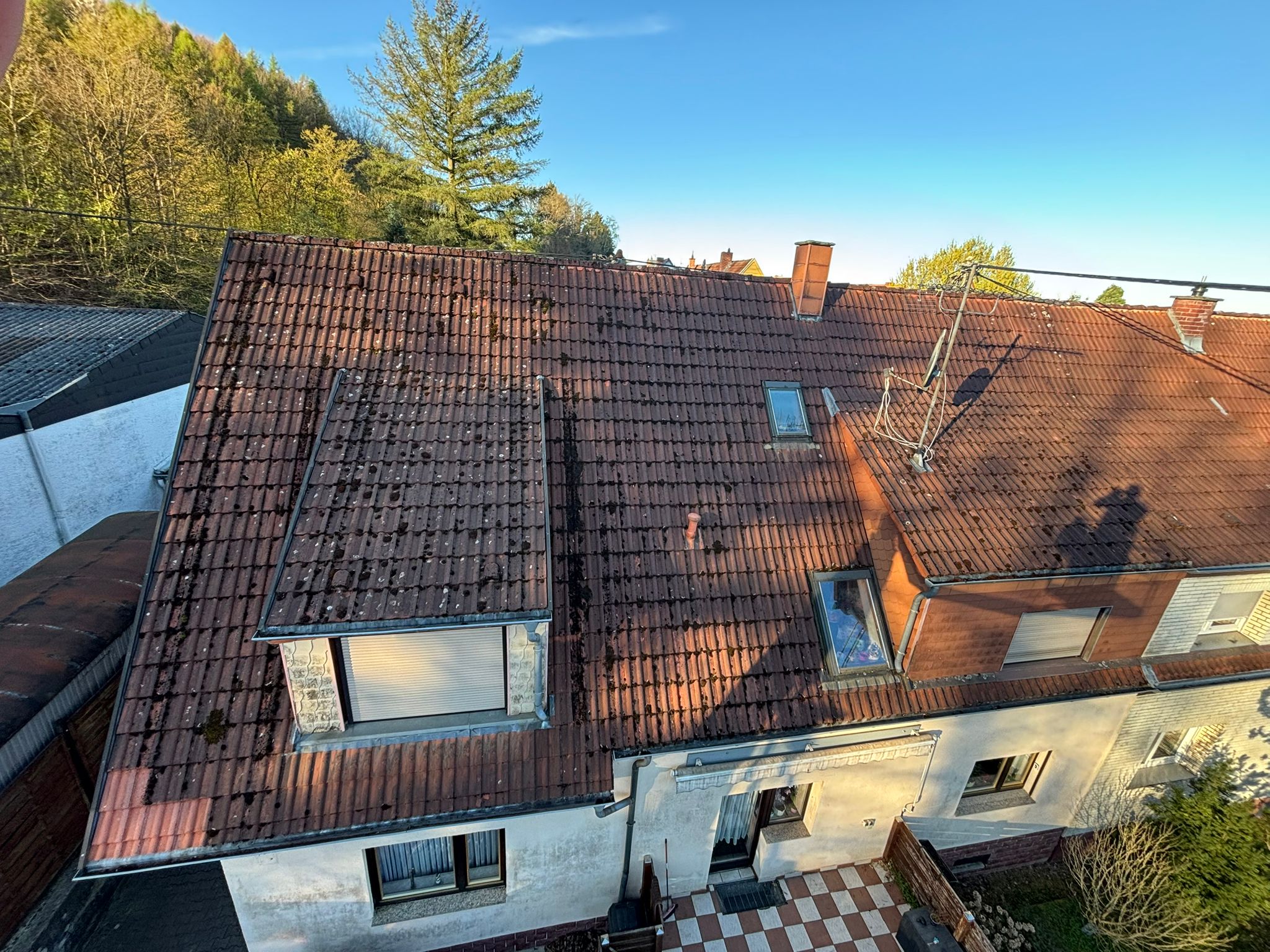 Verschmutztes Hausdach vor der professionellen Dachreinigung